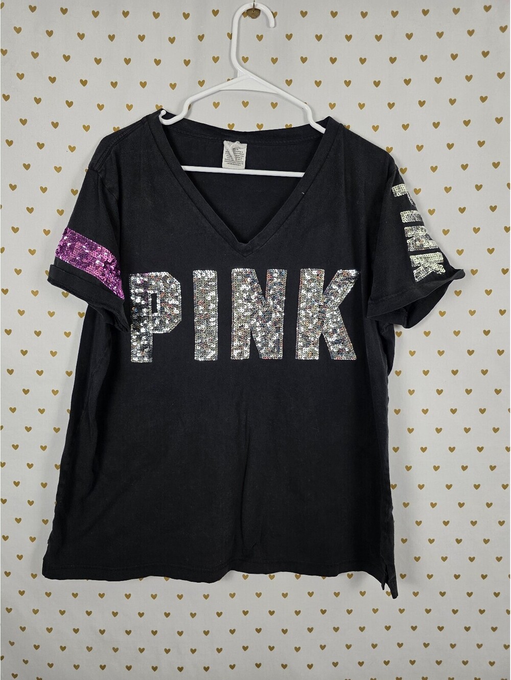 Victorias Secret PINK Black V neck Bling tee shirt Sequined